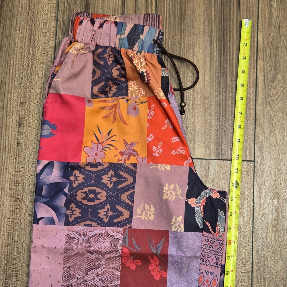 Patchwork Print Wide Leg Pants Multicolor Boho Elastic Waist Drawstring Large - Picture 8 of 10